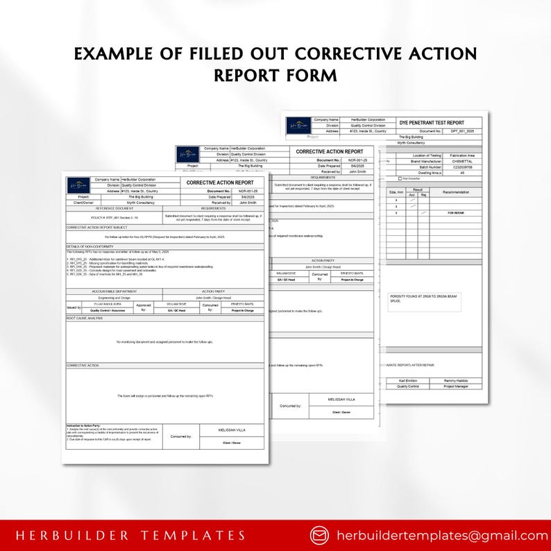 Puede incluir: Un formulario de informe de acci&oacute;n correctiva completado con el t&iacute;tulo "Corrective Action Report" y el texto "The Big Building" y "John Smith". El formulario incluye secciones para detalles de no conformidad, departamentos responsables, acciones tomadas y cambios en el proyecto.