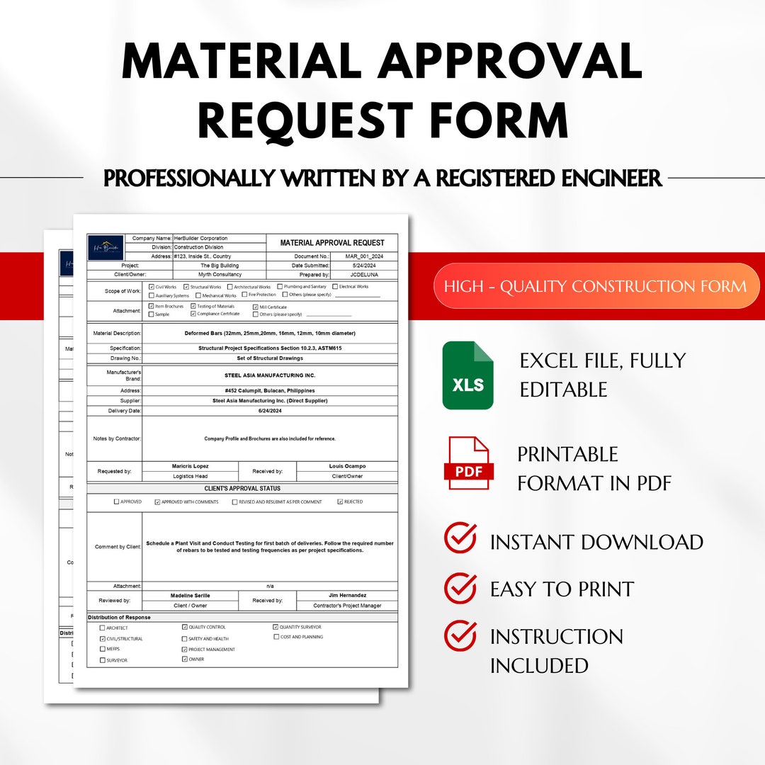 Material Approval Request Form: Construction Compliance (excel & PDF ...