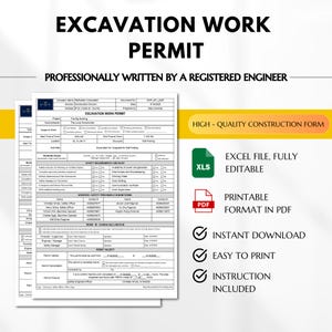 Könnte beinhalten: Ein Bauantrag mit dem Titel "EXCAVATION WORK PERMIT" in fetter, schwarzer Schrift. Das Formular enthält Abschnitte für Projektdetails, Sicherheitsanforderungen und Mitarbeiterinformationen. Das Formular ist in Excel- und PDF-Formaten verfügbar und kann sofort heruntergeladen werden.