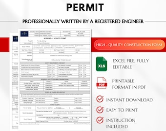 May include: A document titled "WORKING AT HEIGHTS PERMIT" with the text "PROFESSIONALLY WRITTEN BY A REGISTERED ENGINEER." The image includes an Excel file icon, a PDF icon, and checkmarks indicating features like instant download and easy printing.