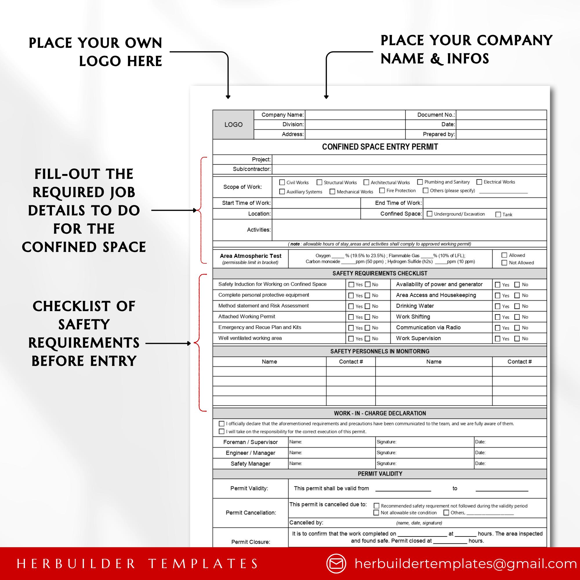 Confined Space Entry Permit, Safety Permit for Confined Space, Safety ...