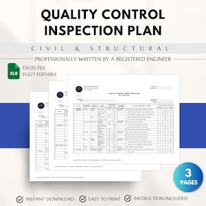 Könnte beinhalten: Ein weißes Dokument mit dem Titel "QUALITY CONTROL INSPECTION PLAN" für Bauingenieurwesen. Das Dokument ist professionell geschrieben und vollständig im Excel-Format bearbeitbar. Enthält den Text "SOFORTIGER DOWNLOAD", "EINFACH ZU DRUCKEN" und "ANLEITUNG ENTHALTEN".