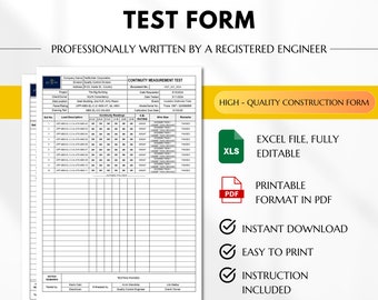 Continuity Test Form, Electrical Testing Template, Testing and Commissioning Acceptance, Megger Continuity and Insulation Testing