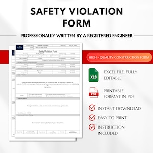 May include: A printable safety violation form with a red, white, and blue color scheme. The form is titled "Safety Violation Form" and is professionally written by a registered engineer. The form includes sections for company information, reporting employee contact information, violator's information, details of violation, offense, and recommended actions/training. The form also includes a section for the safety officer, approved by, and witnessed by. The form is available in Excel and PDF formats.