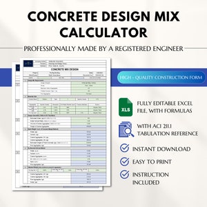 Puede incluir: Un documento blanco titulado "CONCRETE DESIGN MIX CALCULATOR" con una pancarta azul que dice "HIGH - QUALITY CONSTRUCTION FORM". El documento incluye un icono de archivo Excel, un icono de referencia de tabulación y marcas de verificación que indican descarga instantánea, impresión fácil e instrucciones.