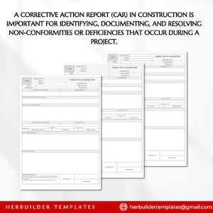Puede incluir: Tres formularios de informe de acci&oacute;n correctiva en blanco con el t&iacute;tulo "Corrective Action Report" y el texto "1000" en la esquina superior derecha. El texto "HERBUILDER TEMPLATES" est&aacute; en la parte inferior de la imagen.