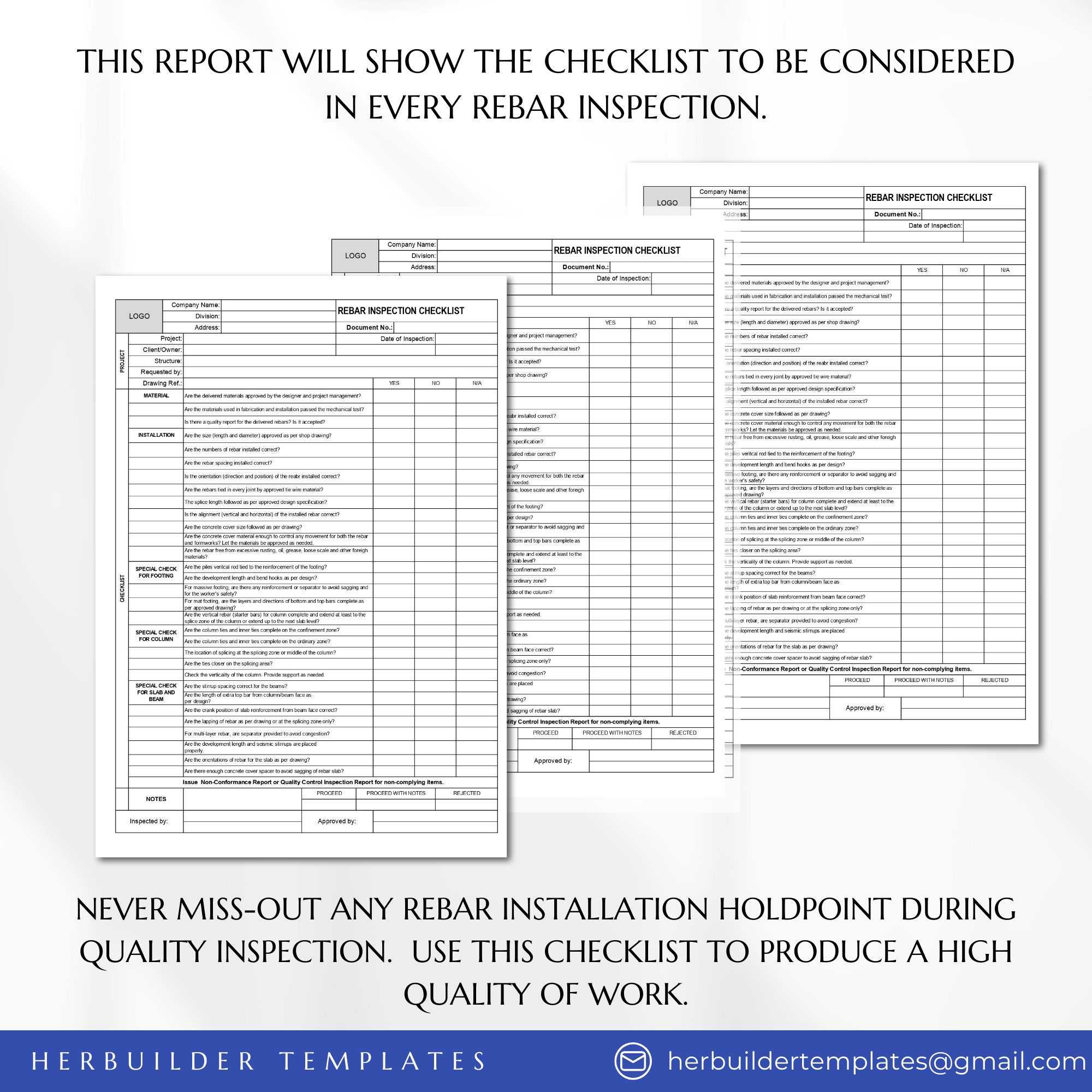 Rebar Inspection Checklist, Reinforcement Checklist, Quality Control