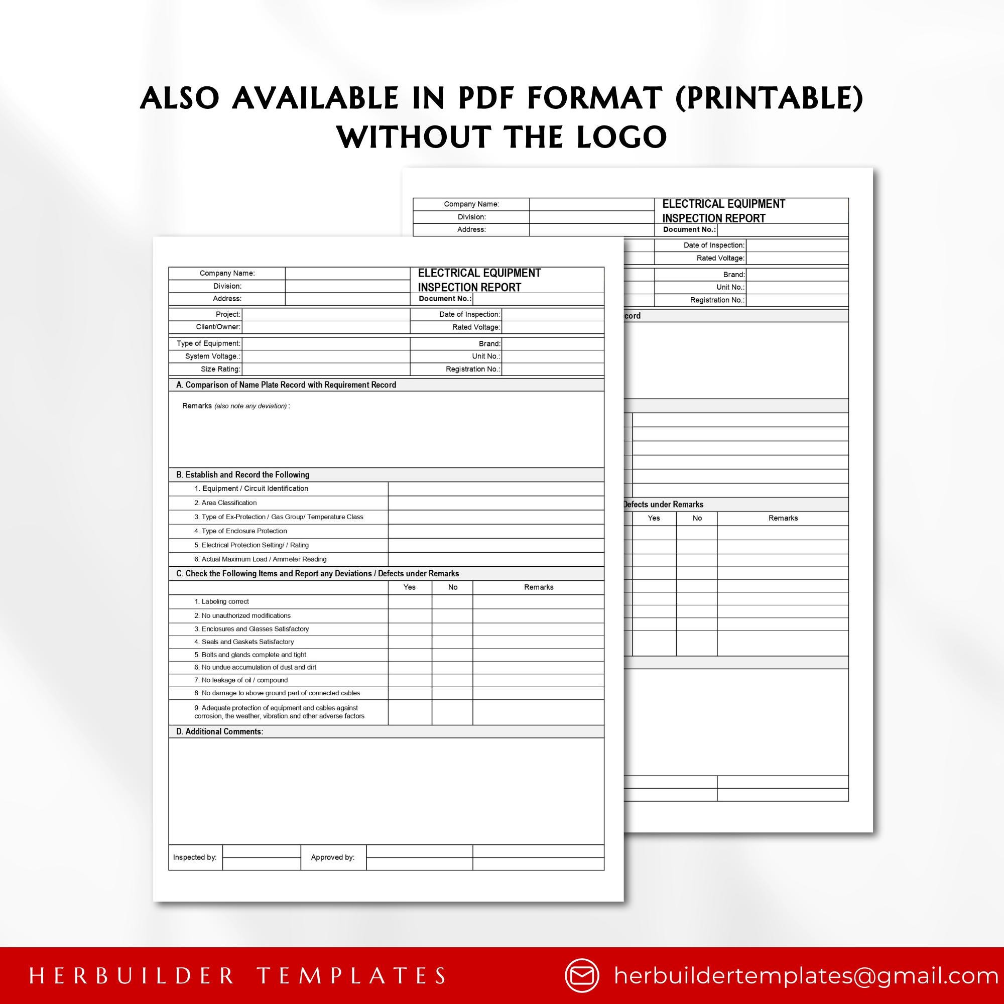 Electrical Equipment Inspection Form, Equipment Test Form, Equipment ...