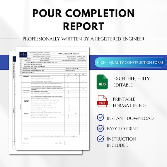 Concrete Pour Completion Report, Concrete Pouring Checklist, Inspection Form, Quality Control Forms, Construction Forms, Contractors Forms