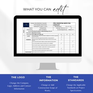 May include: A checklist for pre-concreting inspection with the title "Pre-Concreting Inspection Checklist". The checklist includes sections for layout, formworks, and reinforcement. The document number is POC_001_2024. The estimated volume is 24 cubic meters. The concrete design slump is 5000/6-7.