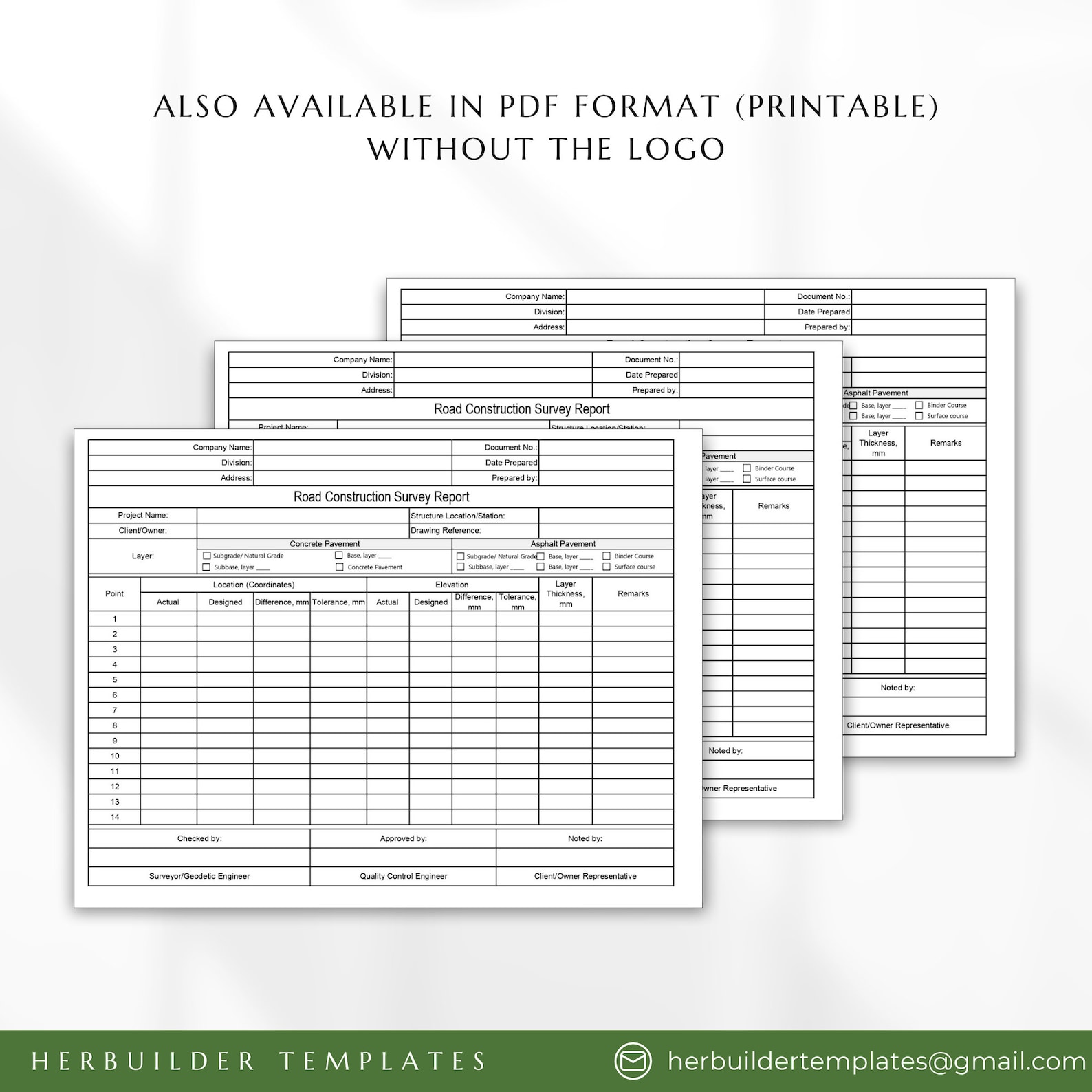 Survey Report Form for Road Construction, Concrete Pavement ...
