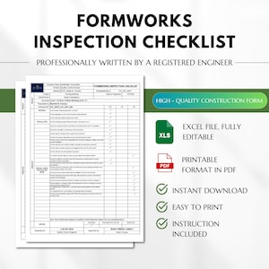 Puede incluir: Una lista de verificación de inspección de encofrados imprimible para proyectos de construcción. La lista de verificación incluye secciones para los detalles del proyecto, la instalación, el diseño especial para losas y vigas, y notas. El formulario está escrito profesionalmente por un ingeniero registrado e incluye un formulario de construcción de alta calidad, un archivo de Excel, un formato PDF imprimible, descarga instantánea, fácil impresión e instrucciones.