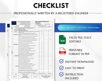Pre-Pouring Inspection Checklist Form, Pre-Concreting Checklist, Construction Form, Quality Control Forms, Concrete Inspection Form