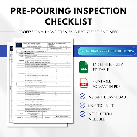 Pre-Pouring Inspection Checklist Form, Pre-Concreting Checklist, Construction Form, Quality Control Forms, Concrete Inspection Form