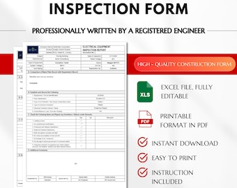 May include: A printable electrical equipment inspection form with a green tick next to the words "Instant Download", "Easy to Print", and "Instruction Included". The form is titled "Electrical Equipment Inspection Form" and is professionally written by a registered engineer. The form is available in Excel and PDF formats.
