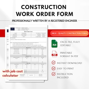 Op de afbeelding: Een afdrukbare sjabloon voor een bouwwerkorderformulier in PDF-formaat. Het formulier bevat secties voor materiaalkosten, apparatuurkosten en arbeidskosten. Het formulier is professioneel opgesteld door een geregistreerd ingenieur en bevat een jobkostencalculator. Het formulier is direct te downloaden en bevat instructies.