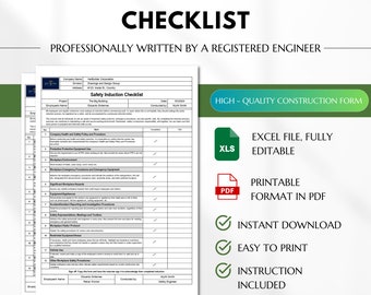 Construction Safety Induction Checklist, Safety Orientation Form, Safety and Health Form, Safety Engineer's Checklist, Construction Form