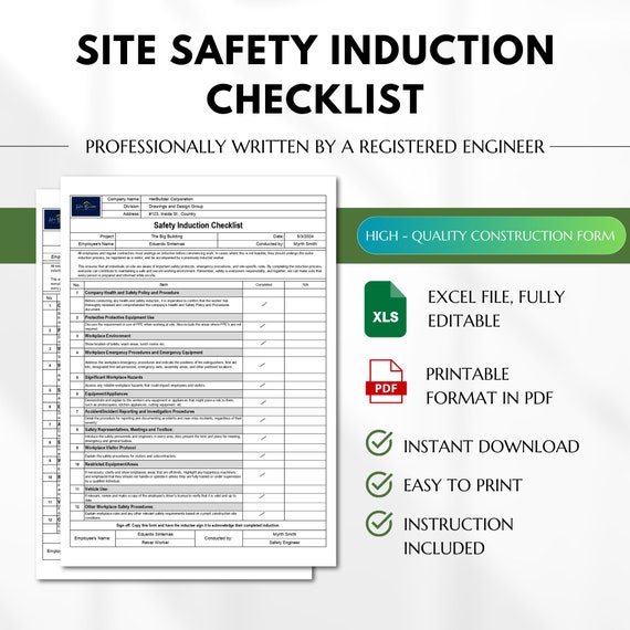 Construction Safety Induction Checklist, Safety Orientation Form, Safety and Health Form, Safety Engineer's Checklist, Construction Form