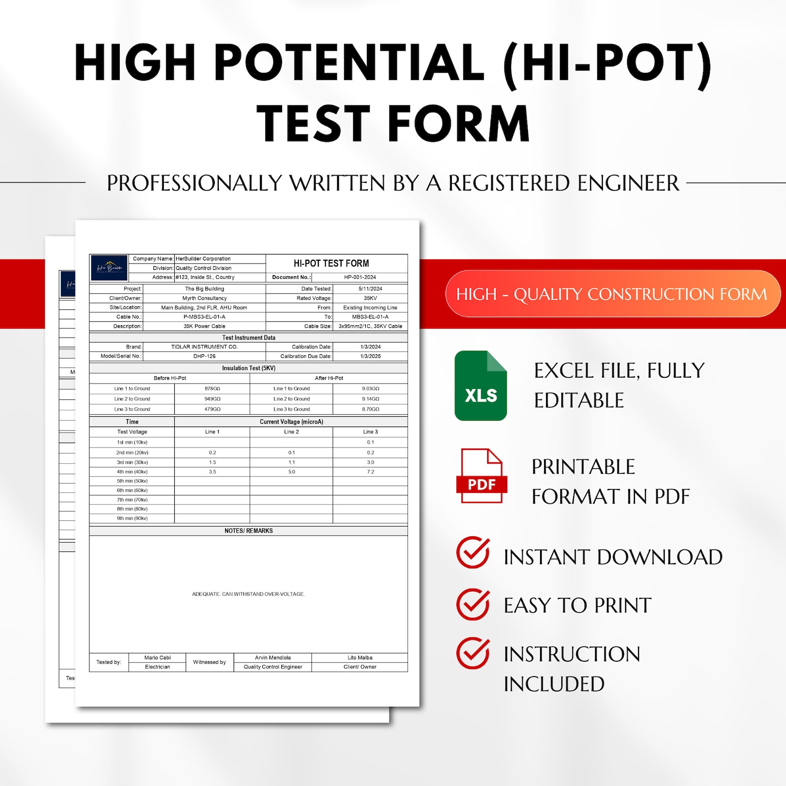 Hi-pot Test Form, High Potential Testing, Diaelectric Withstand Test ...