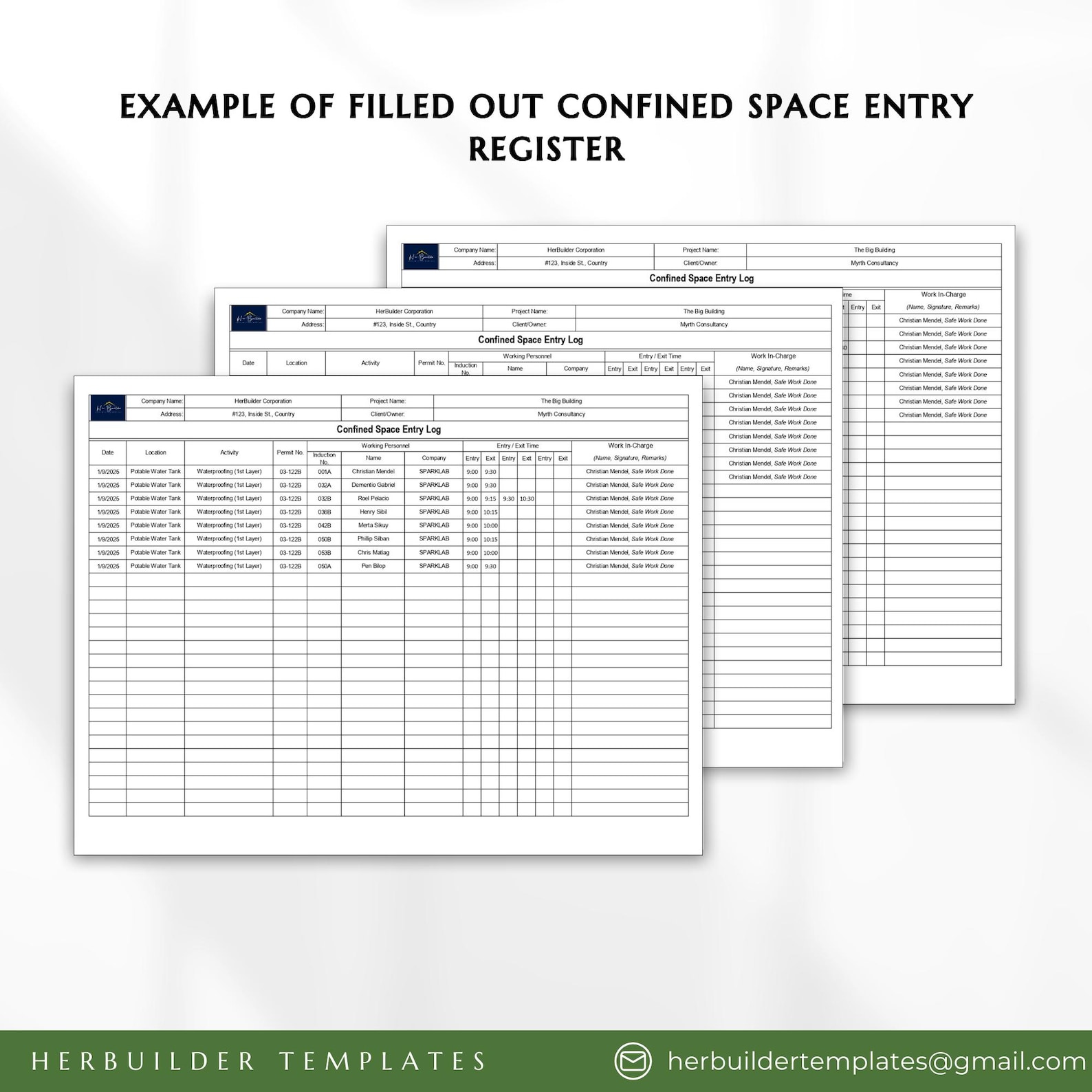 Confined Space Entry Log, Confine Space Entry Register, Log-in and Out ...