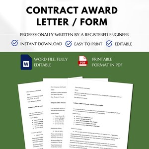 May include: A printable contract award letter template in PDF and Word format. The template is professionally written by a registered engineer and includes sections for project details, contract amount, and provision by others.