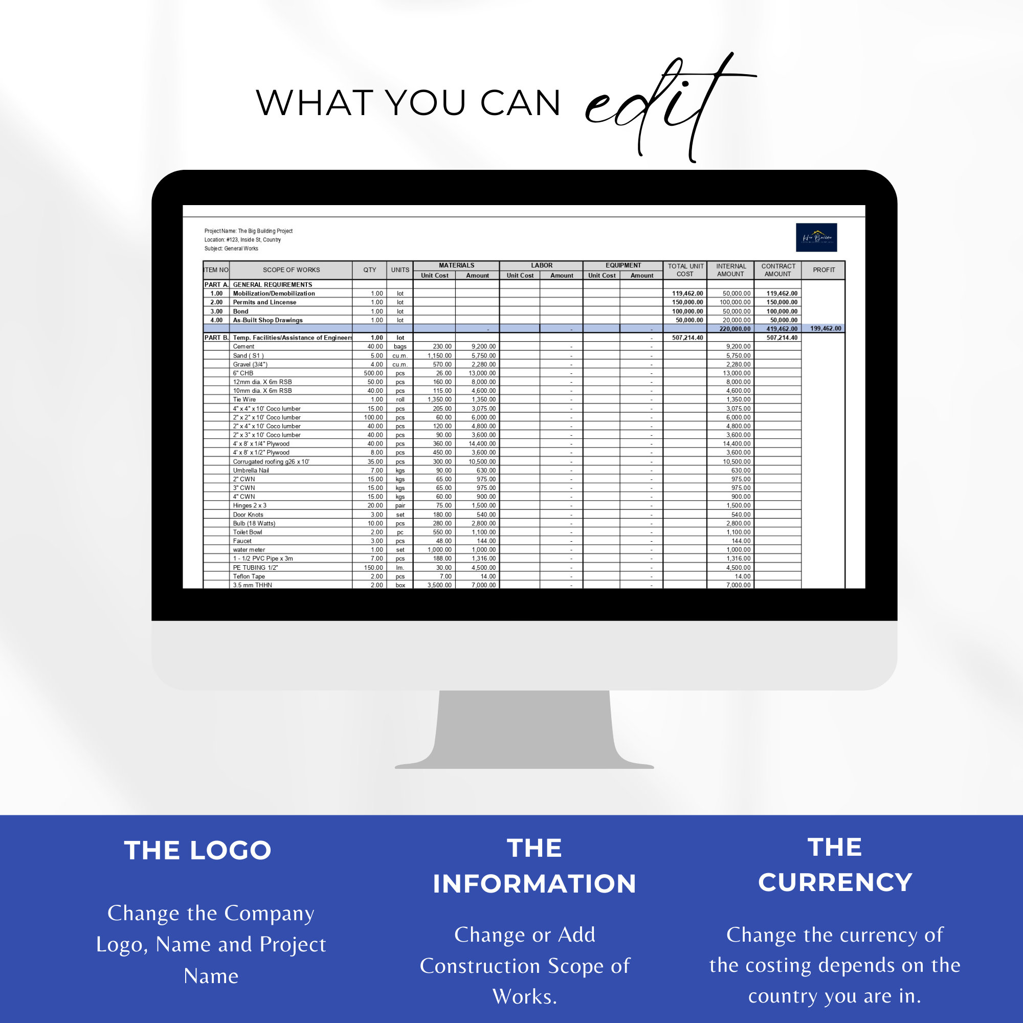 Bill of Quantities Template, Construction Cost Estimate, Cost Estimate ...
