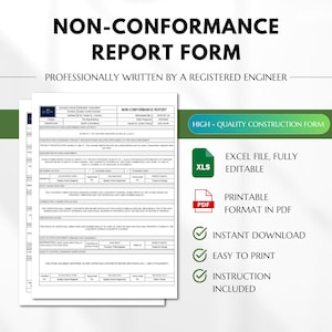 Op de afbeelding: Een printbaar non-conformiteitsrapportformulier voor bouwprojecten. Het formulier is professioneel opgesteld door een geregistreerde ingenieur en bevat secties voor projectidentificatie, beschrijving van de non-conformiteit, vereiste actie, corrigerende actie en preventieve actie. Het formulier is beschikbaar in Excel- en PDF-formaten en bevat instructies.