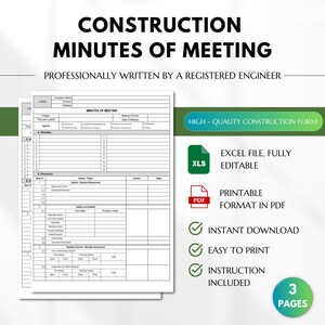 Puede incluir: Un formulario de actas de reunión de construcción con el texto "Construction Minutes of Meeting" en la parte superior. El formulario está escrito profesionalmente por un ingeniero registrado. Disponible en formatos Excel y PDF.