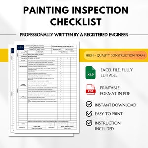 Puede incluir: Un formulario de inspección de pintura imprimible en formato PDF. La lista de verificación está escrita profesionalmente por un ingeniero registrado e incluye secciones para la preaplicación, la aplicación y la postaplicación. El formulario está diseñado para proyectos de construcción de alta calidad e incluye una sección para notas y control de calidad.