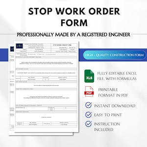 Op de afbeelding: Een Stop Work Order Formulier, professioneel gemaakt door een geregistreerde ingenieur. Het formulier is een hoogwaardig constructiedocument, beschikbaar als volledig bewerkbaar Excel-bestand met formules en een afdrukbare PDF. Directe download, gemakkelijk afdrukken en instructies inbegrepen.