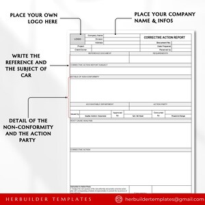 Puede incluir: Una plantilla de informe de acci&oacute;n correctiva en blanco y negro con el texto "PLACE YOUR OWN LOGO HERE" en la parte superior y "PLACE YOUR COMPANY NAME & INFOS" en la parte superior derecha. La plantilla incluye secciones para "CORRECTIVE ACTION REPORT SUBJECT", "DETAILS OF NON-CONFORMITY", "ROOT CAUSE ANALYSIS", "CORRECTIVE ACTION" y "ACTION PARTY".