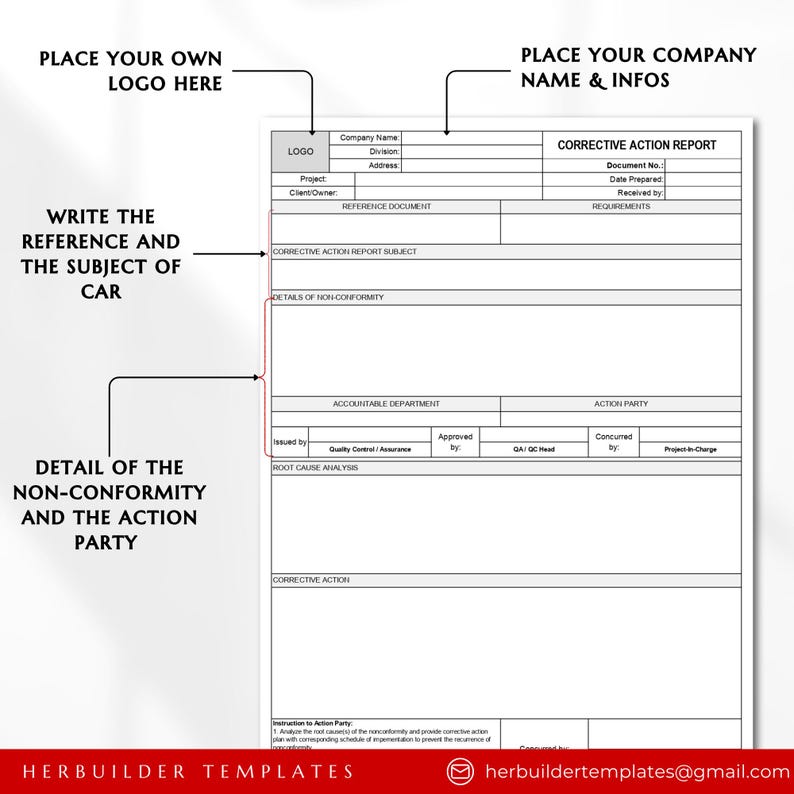 Puede incluir: Una plantilla de informe de acci&oacute;n correctiva en blanco y negro con el texto "PLACE YOUR OWN LOGO HERE" en la parte superior y "PLACE YOUR COMPANY NAME & INFOS" en la parte superior derecha. La plantilla incluye secciones para "CORRECTIVE ACTION REPORT SUBJECT", "DETAILS OF NON-CONFORMITY", "ROOT CAUSE ANALYSIS", "CORRECTIVE ACTION" y "ACTION PARTY".