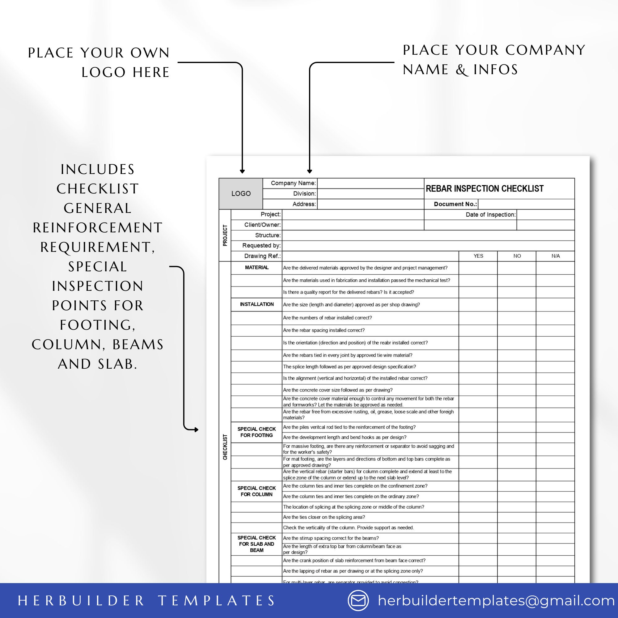 Rebar Inspection Checklist, Reinforcement Checklist, Quality Control