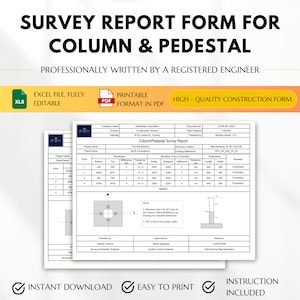 Puede incluir: Un formulario de informe de levantamiento imprimible para columnas y pedestales. El formulario incluye secciones para el nombre de la empresa, la dirección, el nombre del proyecto, el cliente, el punto, la parte inferior, la parte superior, la diferencia, la tolerancia, el valor real, el valor diseñado, la referencia del dibujo, la longitud, el ancho y las observaciones. El formulario también incluye un boceto de una columna y un pedestal.