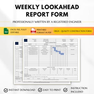 Puede incluir: Un formulario de informe semanal de previsión imprimible para proyectos de construcción. El formulario incluye secciones para los detalles del proyecto, las descripciones de las actividades y un diagrama de Gantt para la planificación. También incluye una sección para documentar las restricciones y los retrasos.