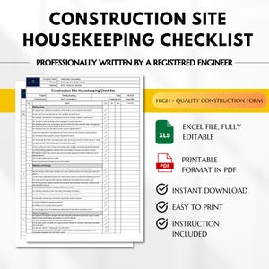 May include: A printable construction site housekeeping checklist form in PDF format. The checklist includes sections for working areas, materials and storage, and waste disposal. The form is professionally written by a registered engineer and includes a high-quality construction form.