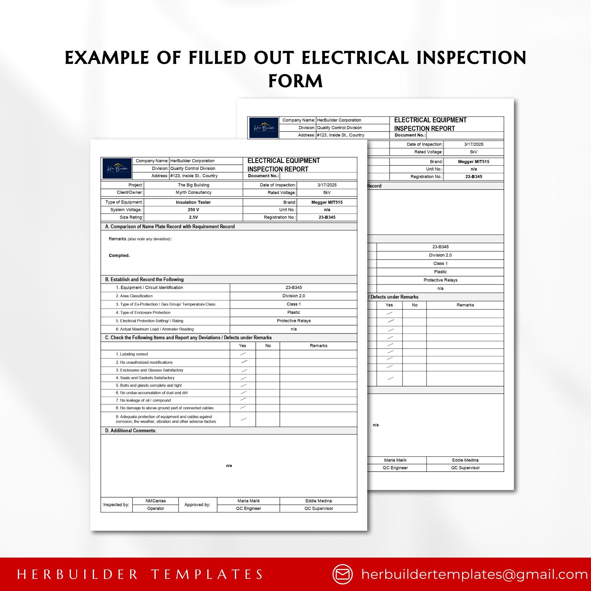 Electrical Equipment Inspection Form, Equipment Test Form, Equipment ...