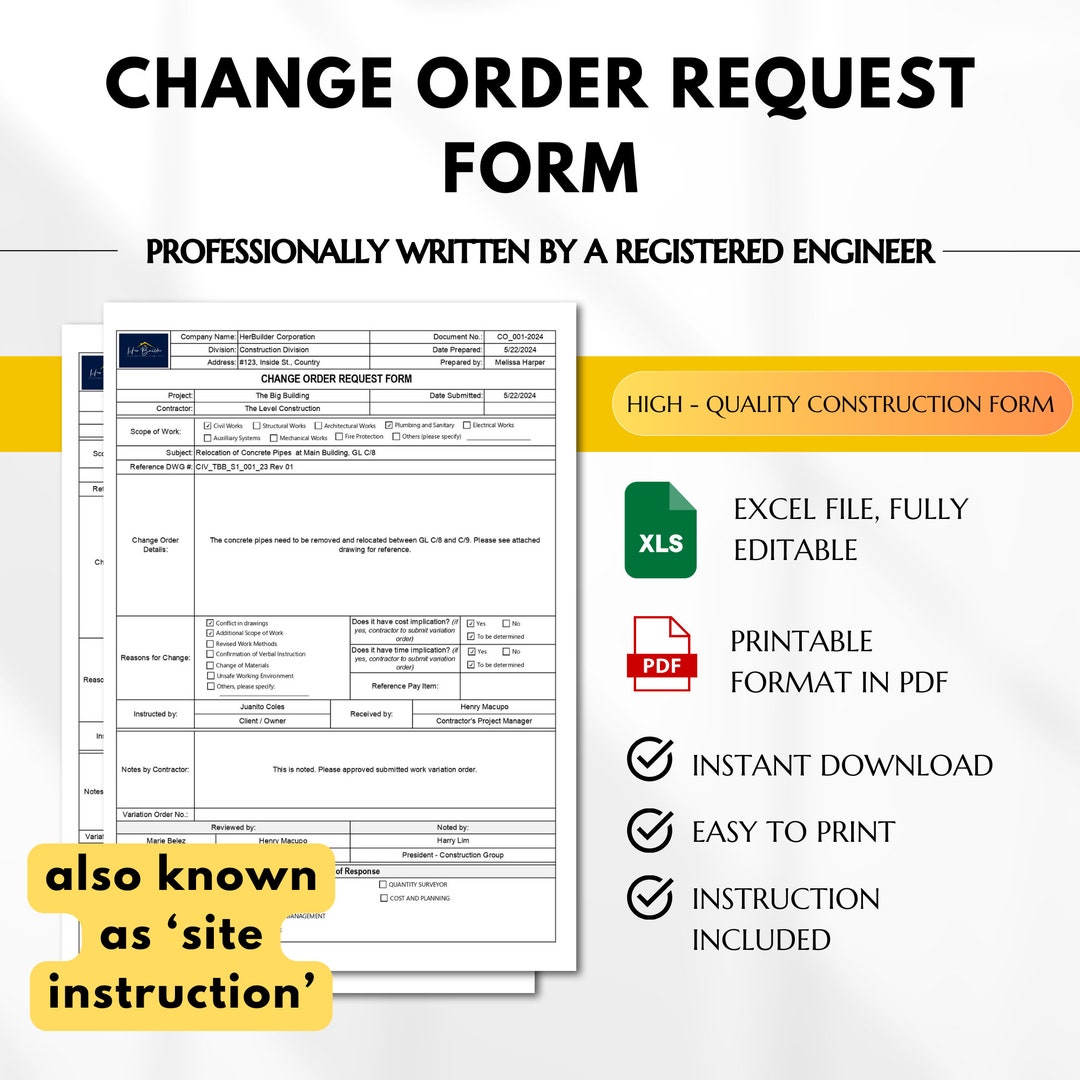 Change Order Request Form, Site Instruction, Project Contract Changes ...