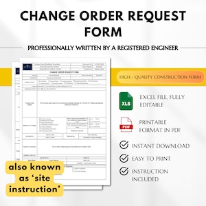 Puede incluir: Un formulario de solicitud de cambio de orden imprimible para proyectos de construcción. El formulario está escrito profesionalmente por un ingeniero registrado e incluye secciones para los detalles del proyecto, los detalles del cambio de orden, las razones del cambio y las notas del contratista. El formulario está disponible en formatos Excel y PDF e incluye instrucciones de uso.