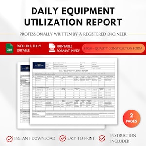 Puede incluir: Una plantilla de informe diario de utilización de equipos de dos páginas en formatos Excel y PDF. El documento incluye tablas para el seguimiento de tiempos de inactividad, mantenimiento, consumo de combustible y requisitos diarios de obra.