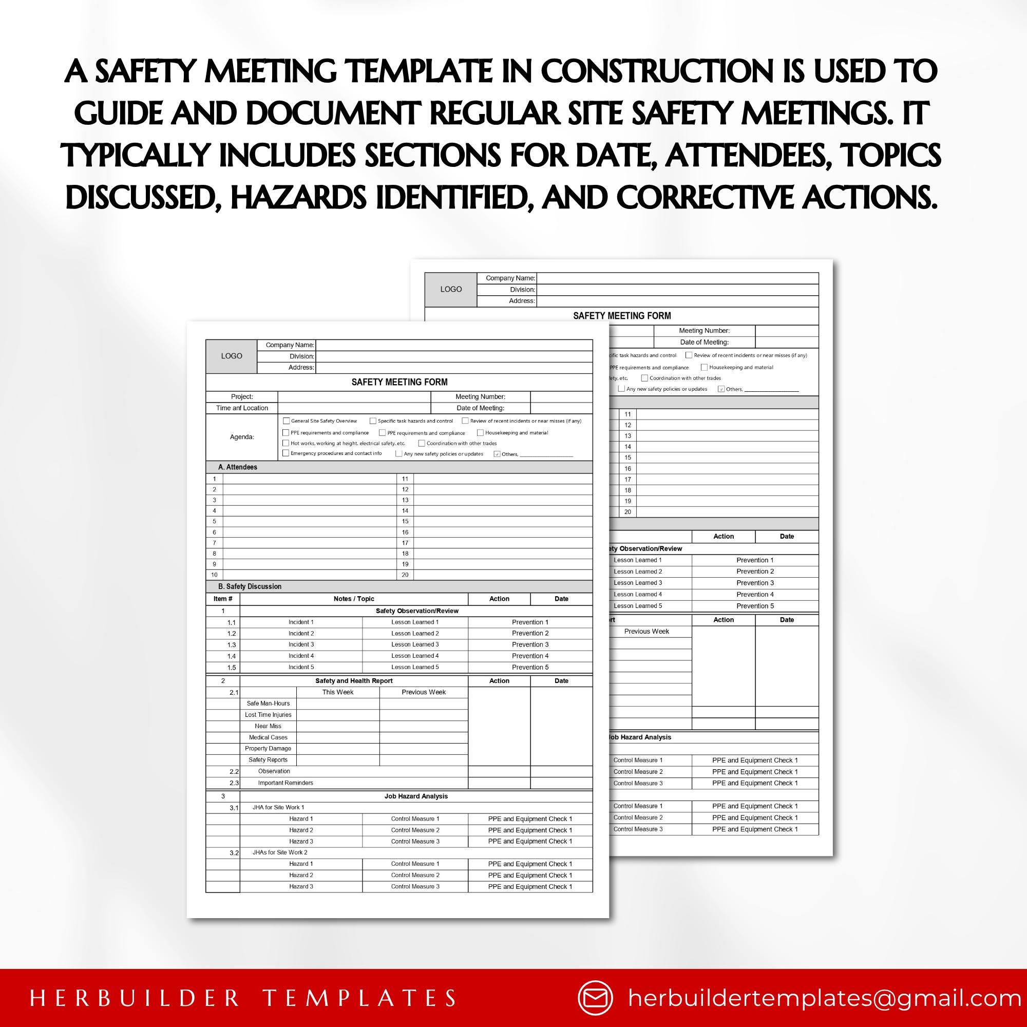 Safety Meeting Template, Safety Minutes of Meeting, Construction ...