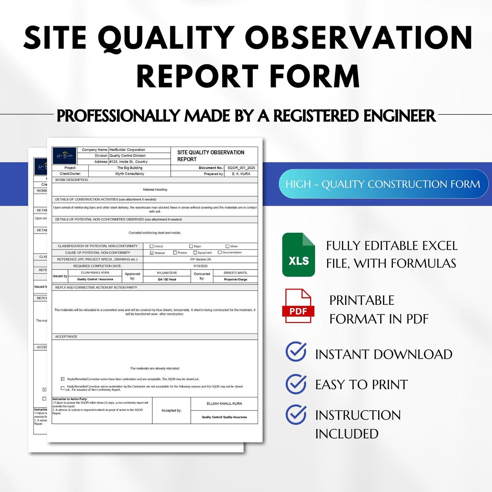 Quality Control Inspection Report Form Site Quality Observation Report Form, Quality Control Inspection Report ...