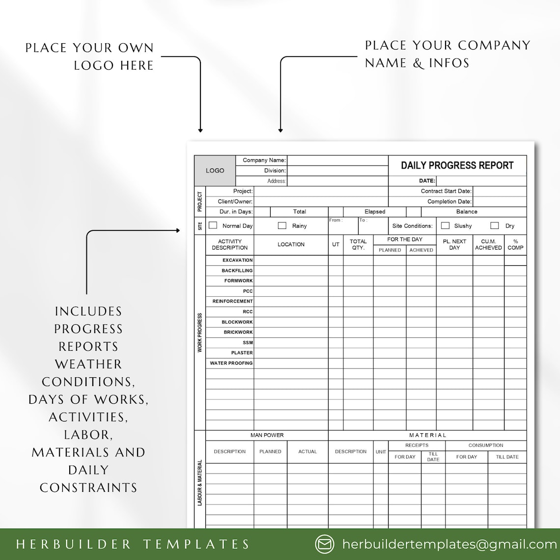 Construction Daily Progress Report Form, Daily Construction Work ...