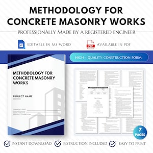 Może przedstawiać: Drukowany dokument w kolorze niebieskim i białym zatytułowany "Metodologia prac murarskich z betonu". Dokument został profesjonalnie przygotowany przez zarejestrowanego inżyniera i zawiera 7 stron informacji. Jest dostępny w formacie PDF i Word.