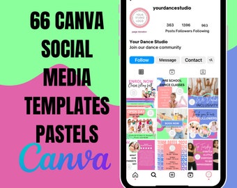 66 Dance Studio Social Media Canva Templates - Bright Pastels - Digital Download