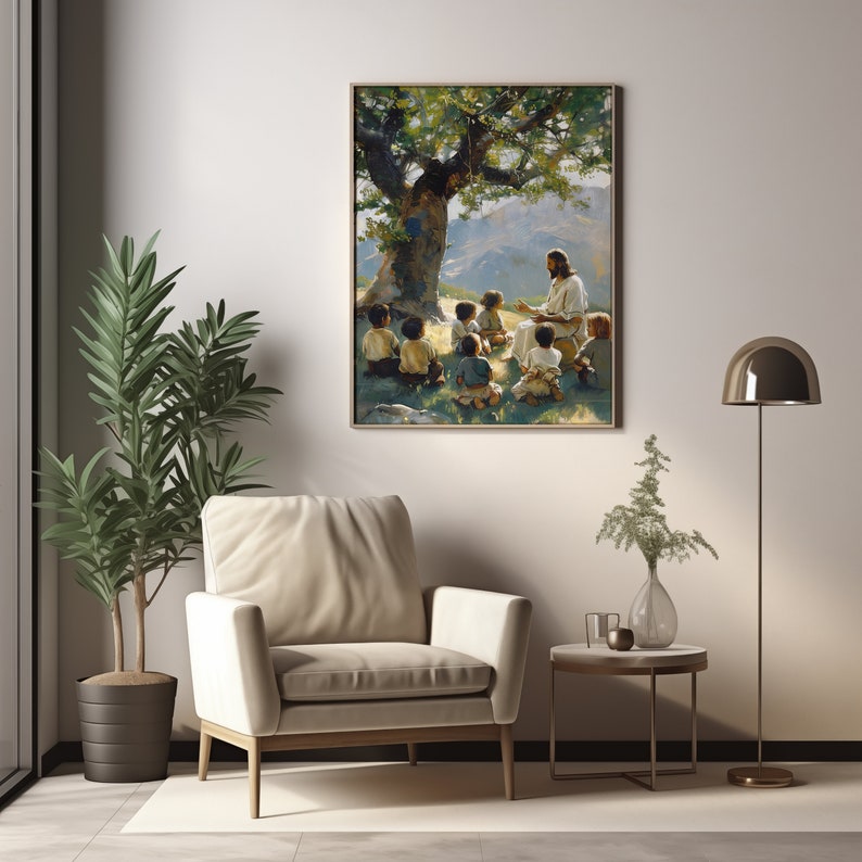 May include: A painting of Jesus teaching a group of children under a large tree. The painting is in a warm color palette with a soft, realistic style.