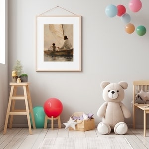 May include: Framed artwork showing a person in white robes with a child in a boat on water. The artwork has a light wood frame and is hanging on a light grey wall. The room features a wooden stool, a large teddy bear, and colourful balloons.