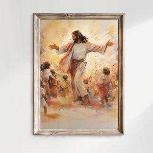 Jesucristo obra de arte bailando con niños cartel pintura impresión versículo bíblico pared arte regalo moderno sala de estar hogar cristiano vivero decoración