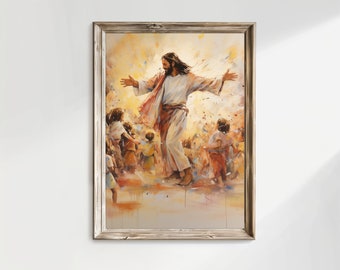 Jesus Christ Artwork Dancing With Children Poster Painting Print Bible Verse Wall Art Gift Trendy Living Room Home Christian Nursery Decor