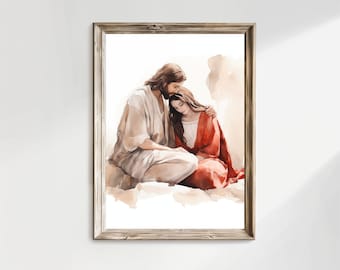 Jesus Christ Comforting Mary Magdalene Art Work Painting Poster Wall Art Home Decor Jesus Art Grief Salvation LDS Catholic Christian